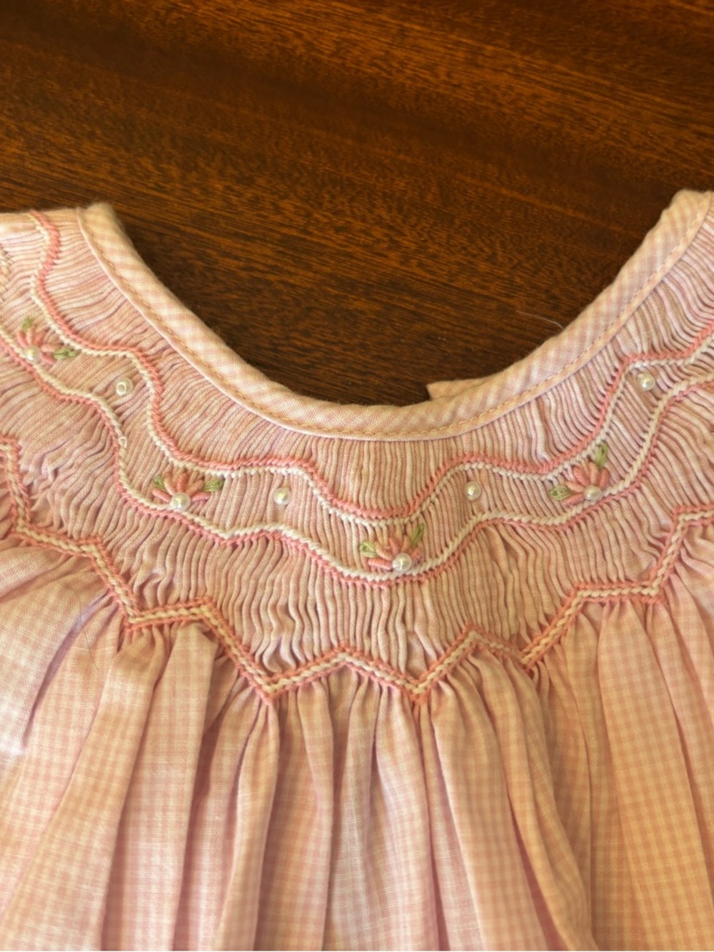 Petit Ami Pink and White Smocked Gingham Dress with Pearl Detail and bloomers!